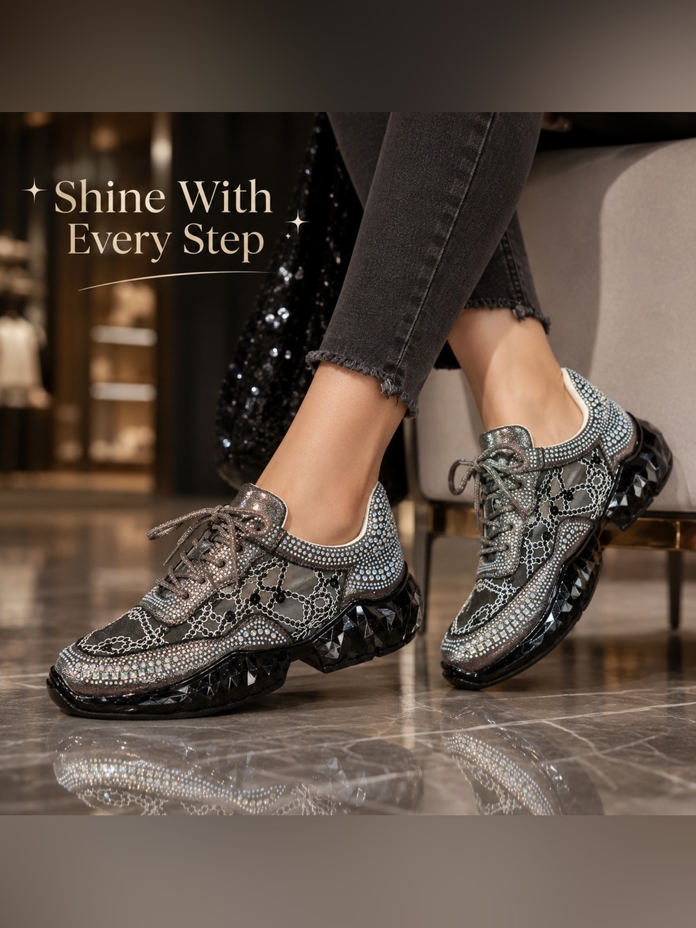 Women's Crystal-Embellished Metallic Gray Fashion Sneaker - Picture 4 of 7